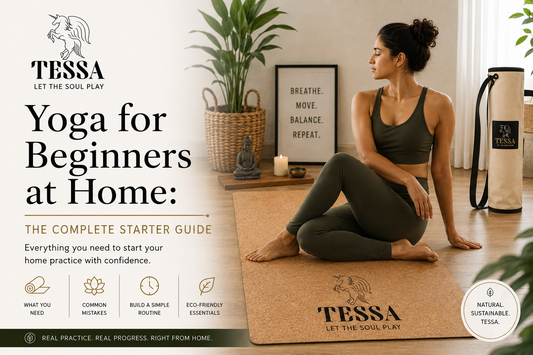 Woman practicing yoga at home on a cork yoga mat